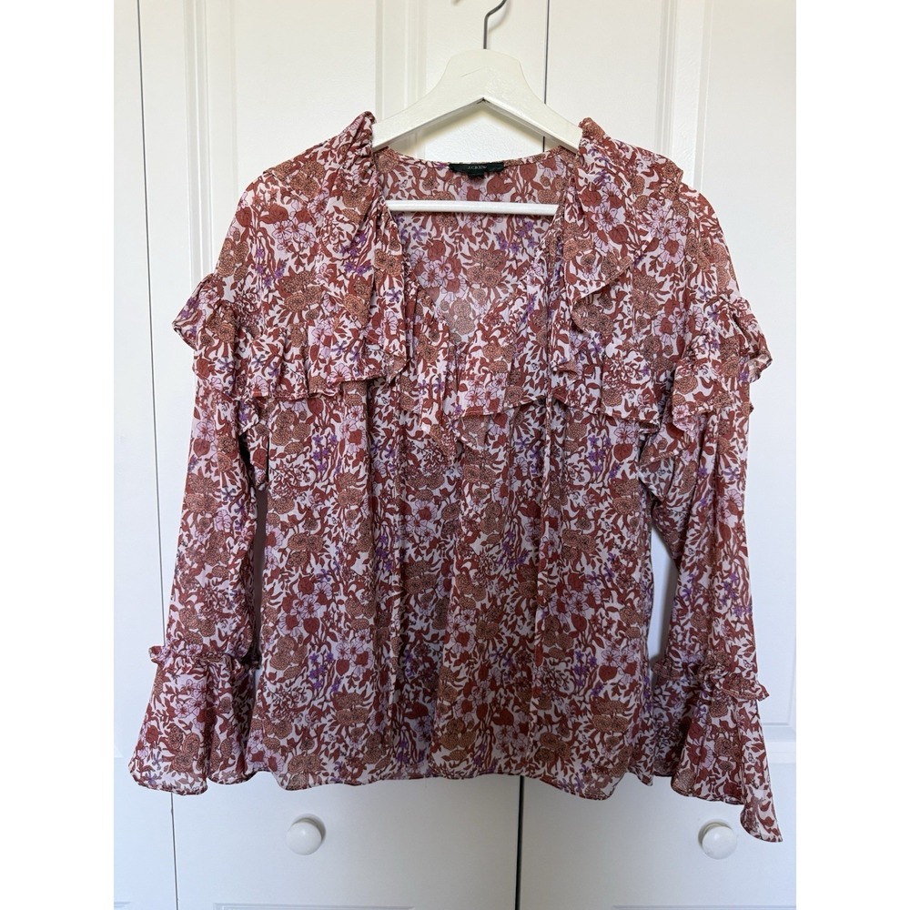 J. Crew Ruffle Crinkle Chiffon Top Flower Pattern Bohemian Pink Purple Rust XS